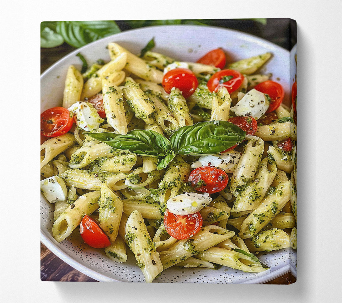  A Canvas Print of Pesto Pasta With Cherry Tomatoes And Mozzarella Canvas Print