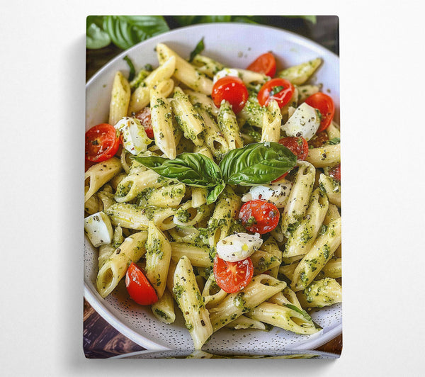  A Canvas Print of Pesto Pasta With Cherry Tomatoes And Mozzarella Canvas Print