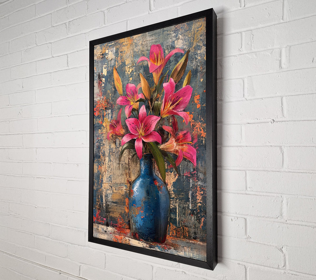  A Canvas Print of Pink Lilies In A Blue Vase Canvas Print