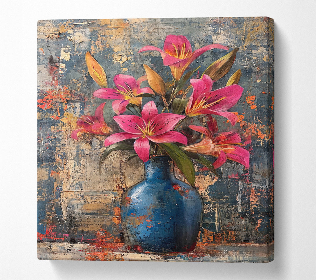  A Canvas Print of Pink Lilies In A Blue Vase Canvas Print