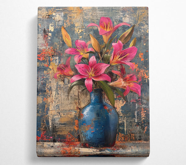  A Canvas Print of Pink Lilies In A Blue Vase Canvas Print
