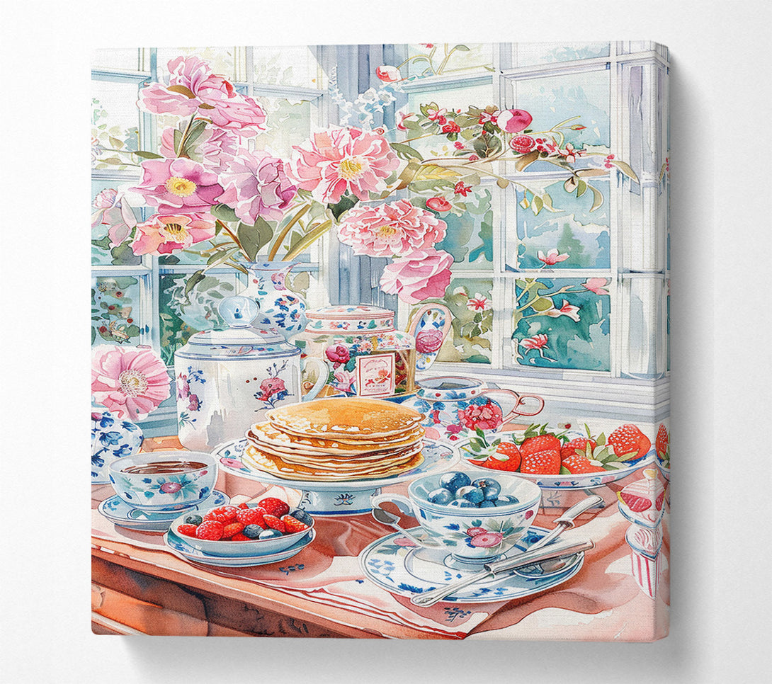  A Canvas Print of A Still Life With Flowers And Pancakes Canvas Wall Art