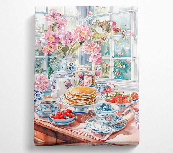  A Canvas Print of A Still Life With Flowers And Pancakes Canvas Wall Art