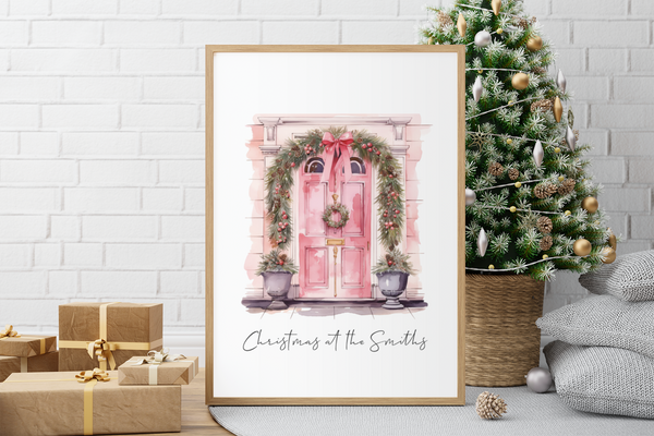 Personalised Christmas At Surname Pink Front Door Winter Christmas Seasonal Wall Home Decor Print