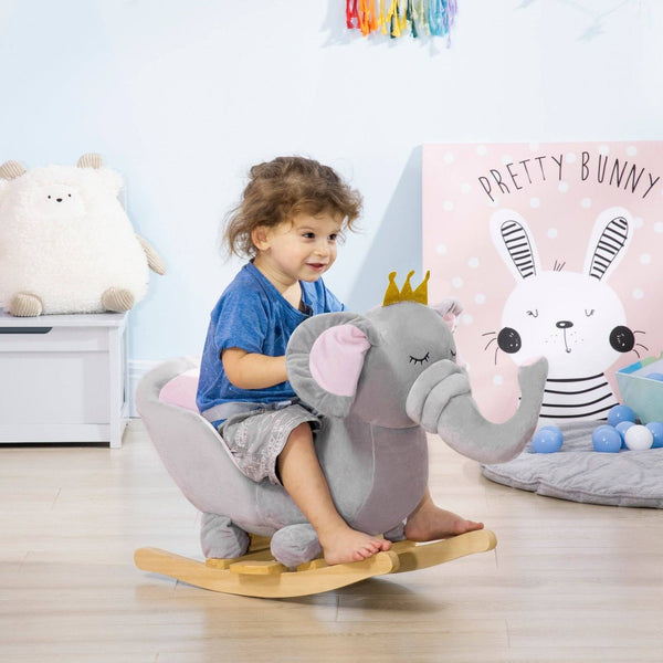 Baby Rocking Horse Elephant Rocking Chair Rocker Toy With Wooden Base Seat Safety Belt For 1.5-3 Year Old Grey