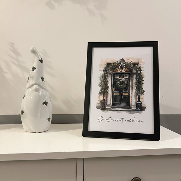 Personalised Christmas At Surname Black Front Door Winter Christmas Seasonal Wall Home Decor Print