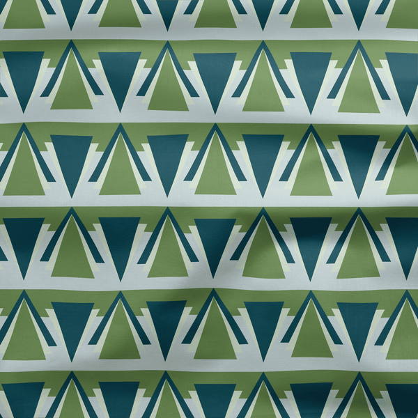 Green and Grey Art Deco Geometric Cotton Drill Fabric