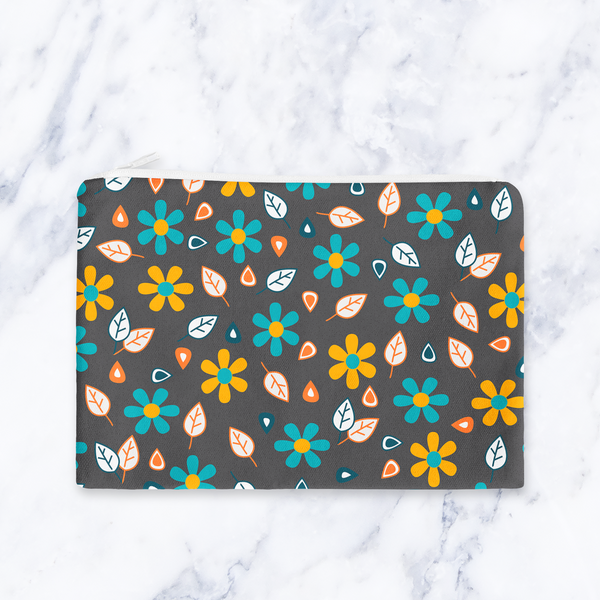 Grey and Turquoise Floral Makeup Bag - Mustard Yellow Flowers Cosmetic Pouch Travel Beauty Case Canvas