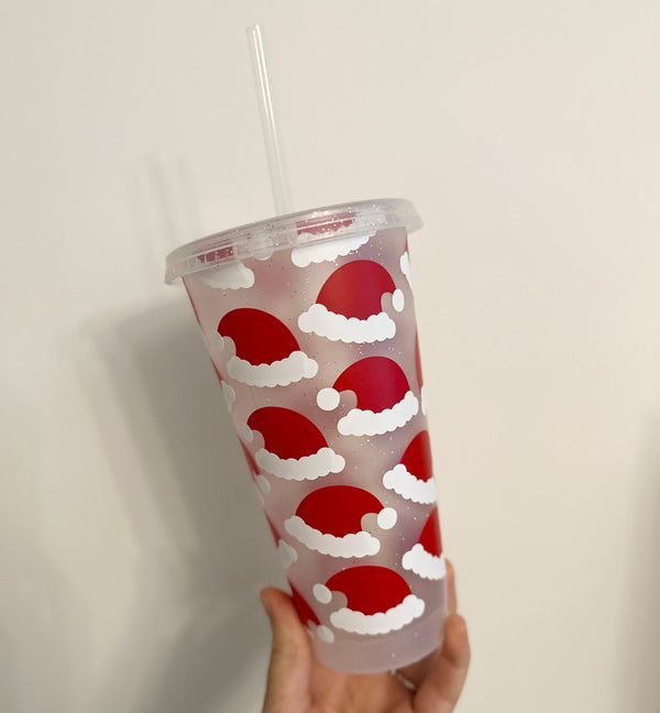 Santa Hat Red & White Christmas Tumbler Venti Cold Cup 24oz - With Straw