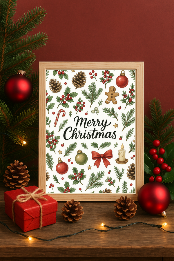 Merry Christmas Wall Art – Festive Ornaments, Pinecones & Holly Holiday Print