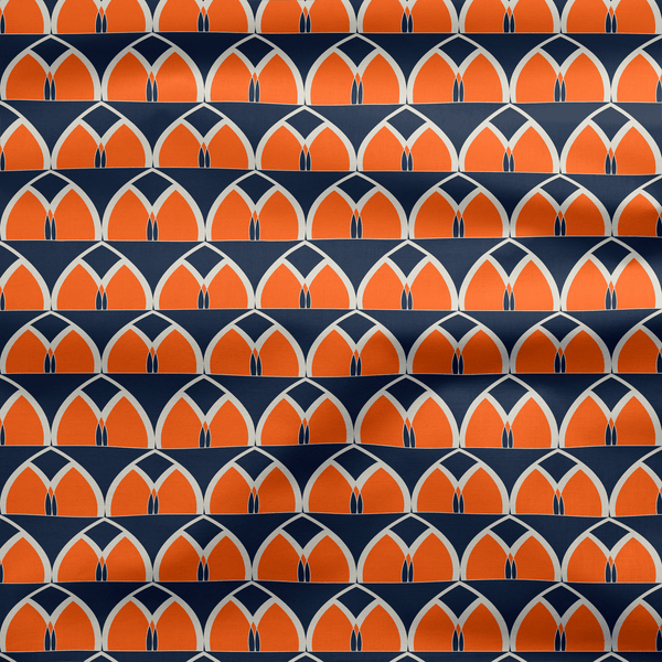 Navy Blue and Orange Geometric Cotton Drill Fabric