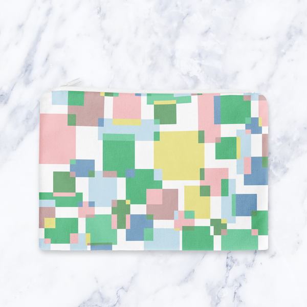 Pastel Geometric Abstract Makeup Bag - Green Colourful Block Pattern Cosmetic Pouch Travel Beauty Case Canvas