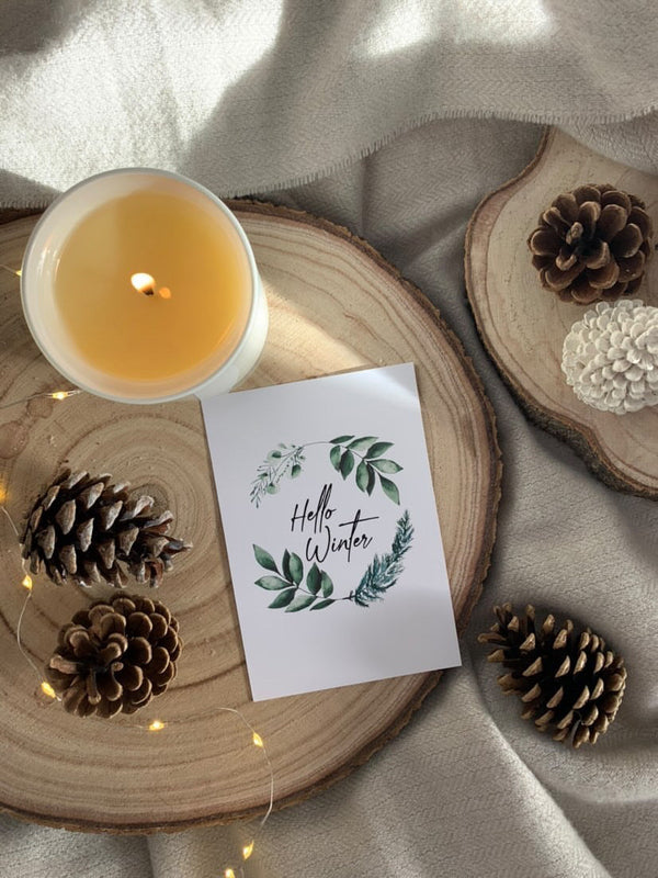 Hello Winter Greenery Pine Wreath Winter Christmas Seasonal Wall Home Decor Print