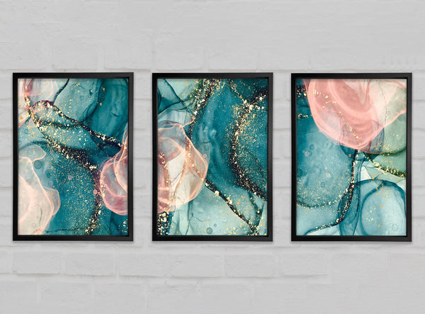 Marble Art Blue Pink and Gold 3 Piece Prints