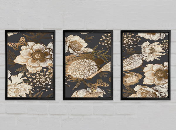 Nature Art Grey and Gold Set of 3 Framed Print