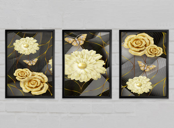 Gold Rose Butterfly Geometric 3 Piece Prints