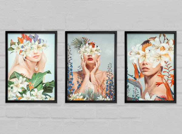 Beautiful Flower Women Set of 3 Framed Print