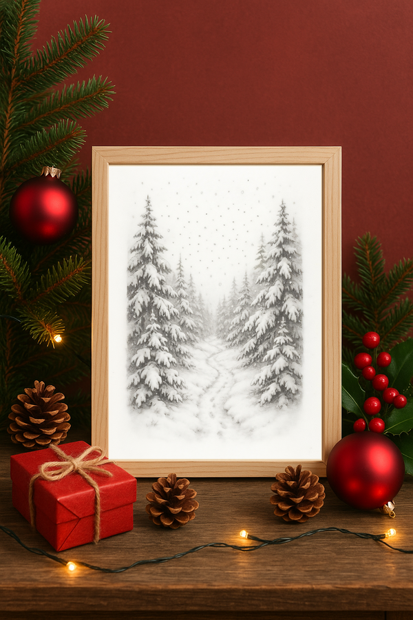Snowy Winter Forest Wall Art – Peaceful Pine Tree Path Print