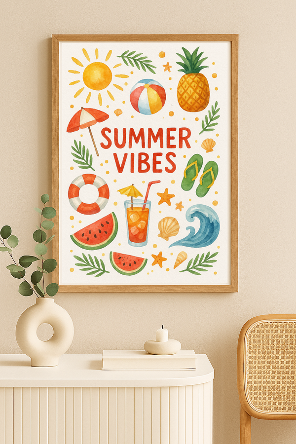 Summer Vibes Watercolour Wall Art – Tropical Beach Themed Print with Pineapple & Sunshine