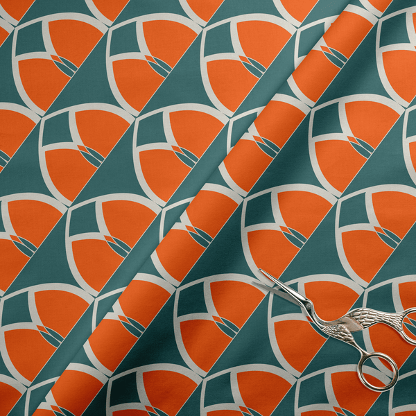 Teal and Orange Retro Geometric Cotton Drill Fabric