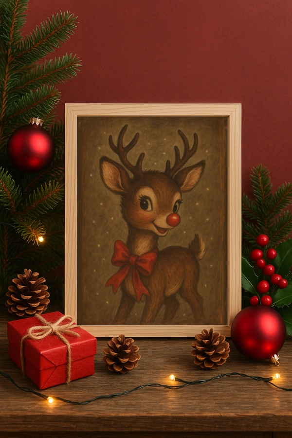 Vintage Christmas Red Bow Reindeer Wall Art – Festive Holiday Deer Print