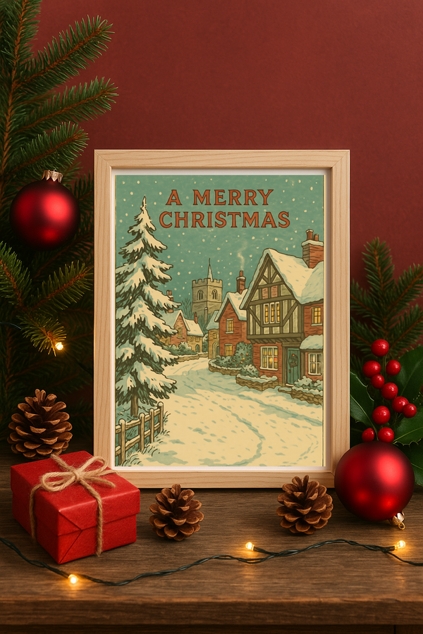 Vintage Christmas Village Wall Art – Snowy Cottage Winter Scene Print