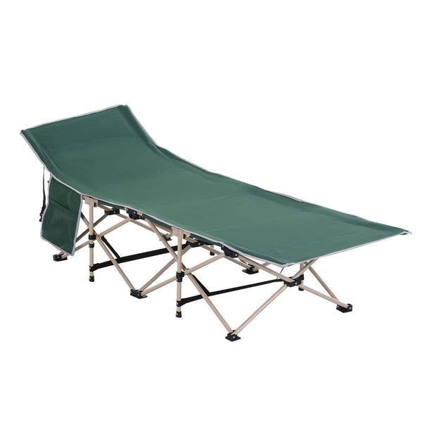 Single Person Camping Bed Folding Cot Outdoor Patio Portable Military Sleeping Bed Travel Guest Leisure Fishing with Side Pocket and Carry Bag - Green