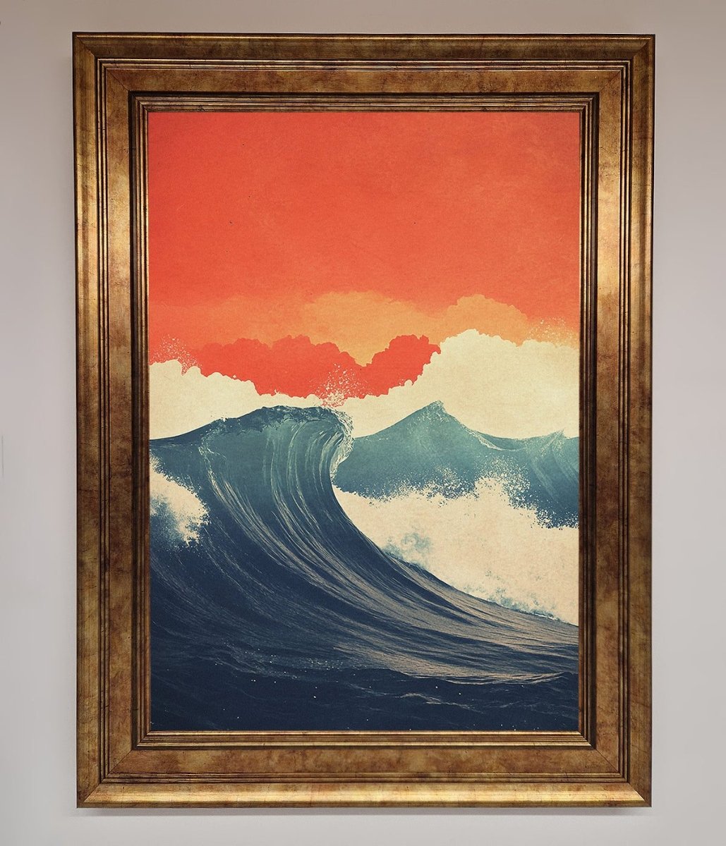 Blue Waves Crash Red Sunset Framed Poster - Zestio