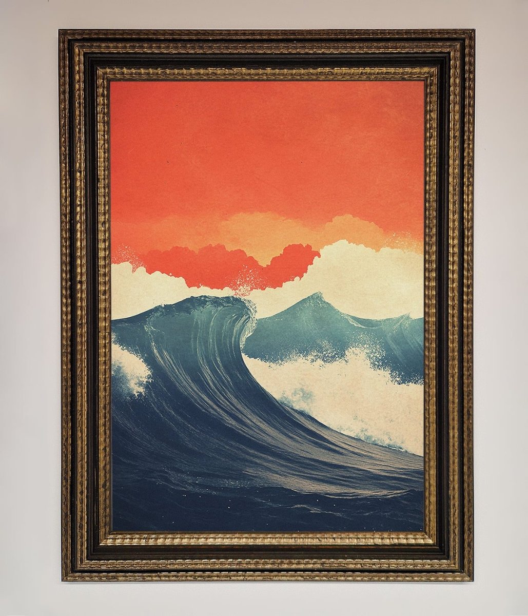 Blue Waves Crash Red Sunset Framed Poster - Zestio