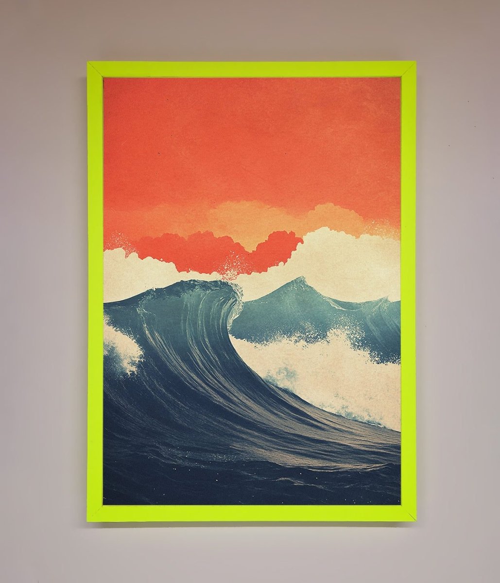 Blue Waves Crash Red Sunset Framed Poster - Zestio