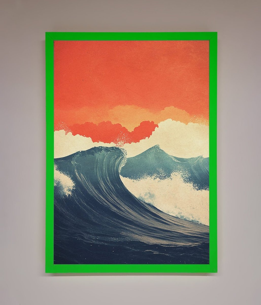 Blue Waves Crash Red Sunset Framed Poster - Zestio