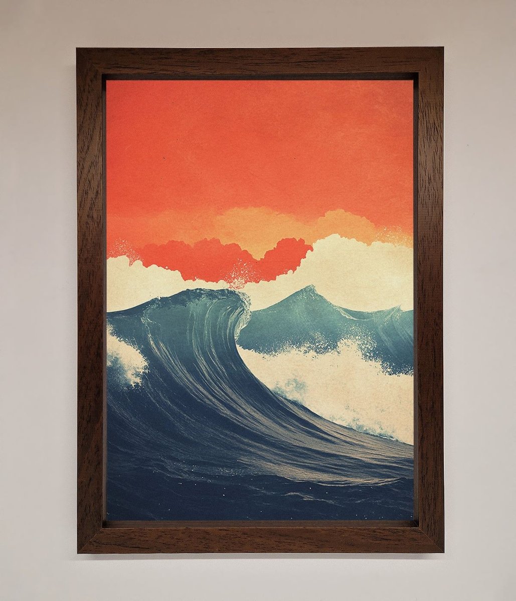 Blue Waves Crash Red Sunset Framed Poster - Zestio