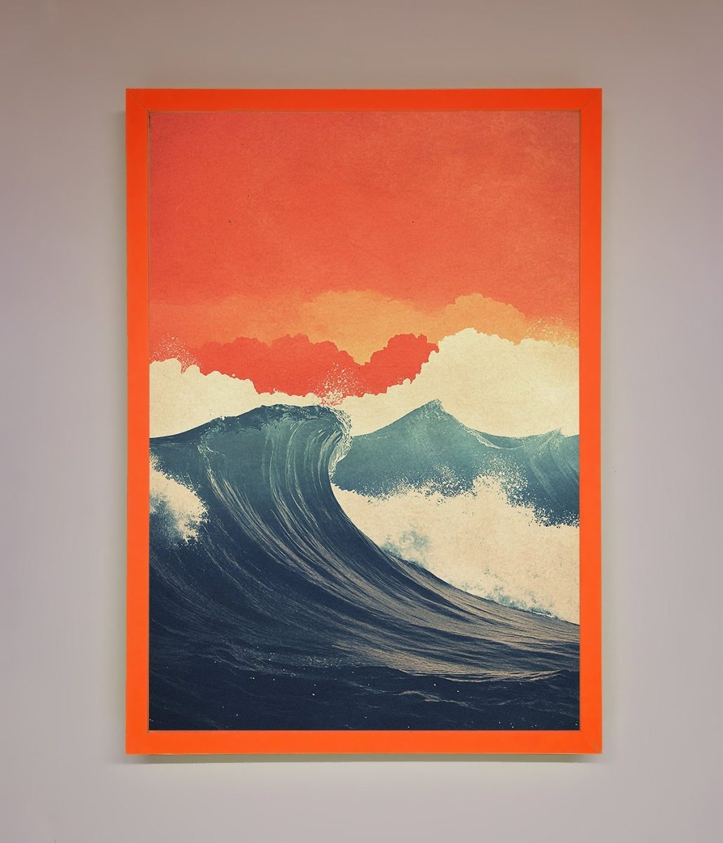 Blue Waves Crash Red Sunset Framed Poster - Zestio
