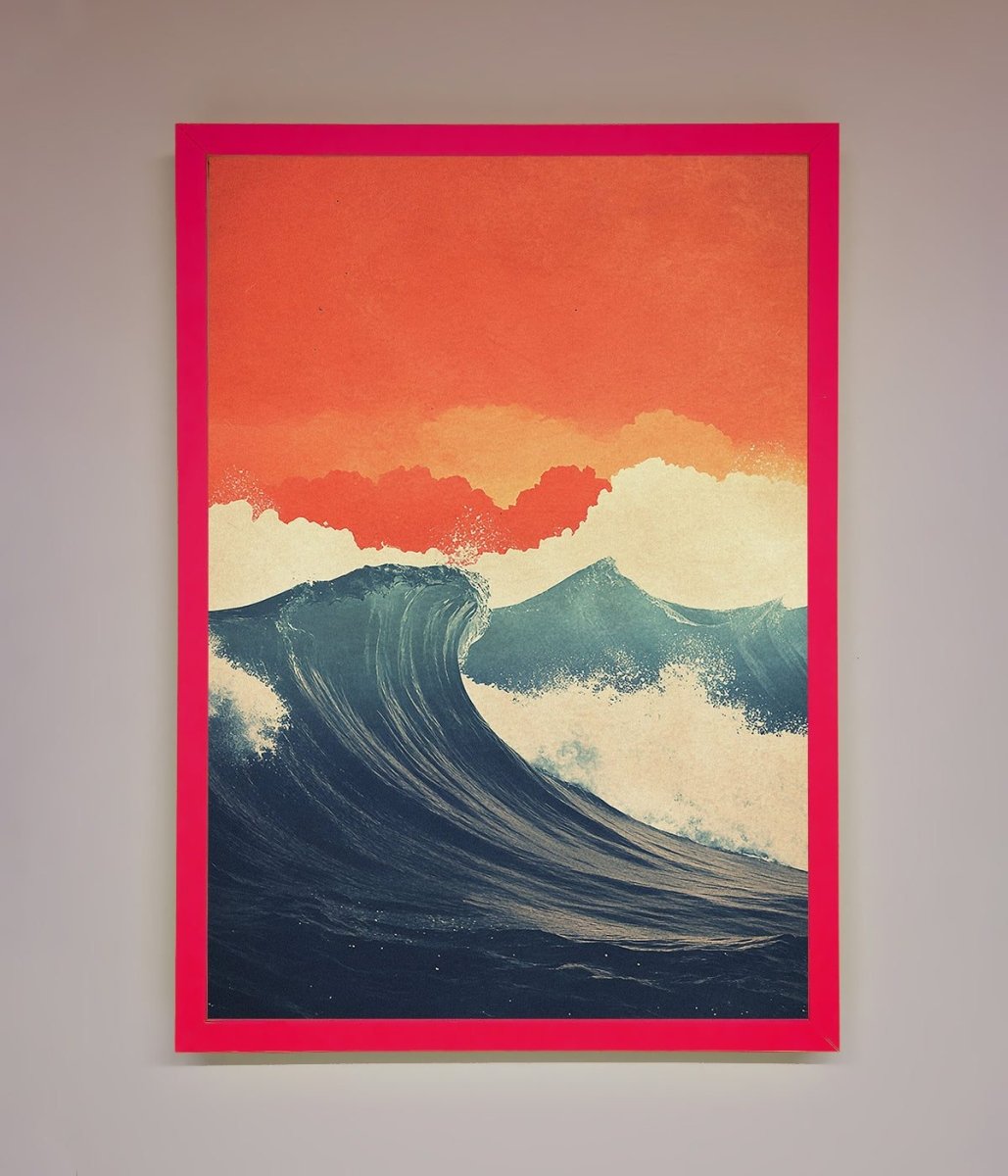 Blue Waves Crash Red Sunset Framed Poster - Zestio