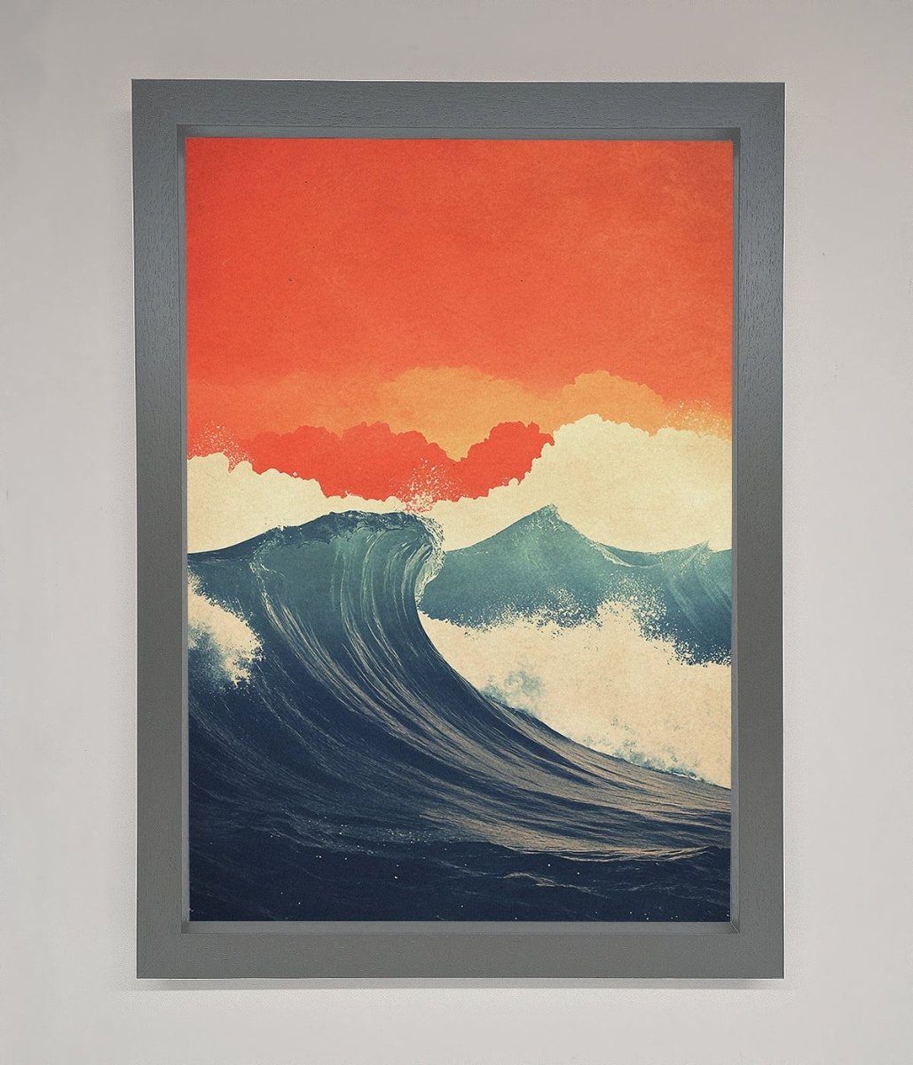 Blue Waves Crash Red Sunset Framed Poster - Zestio