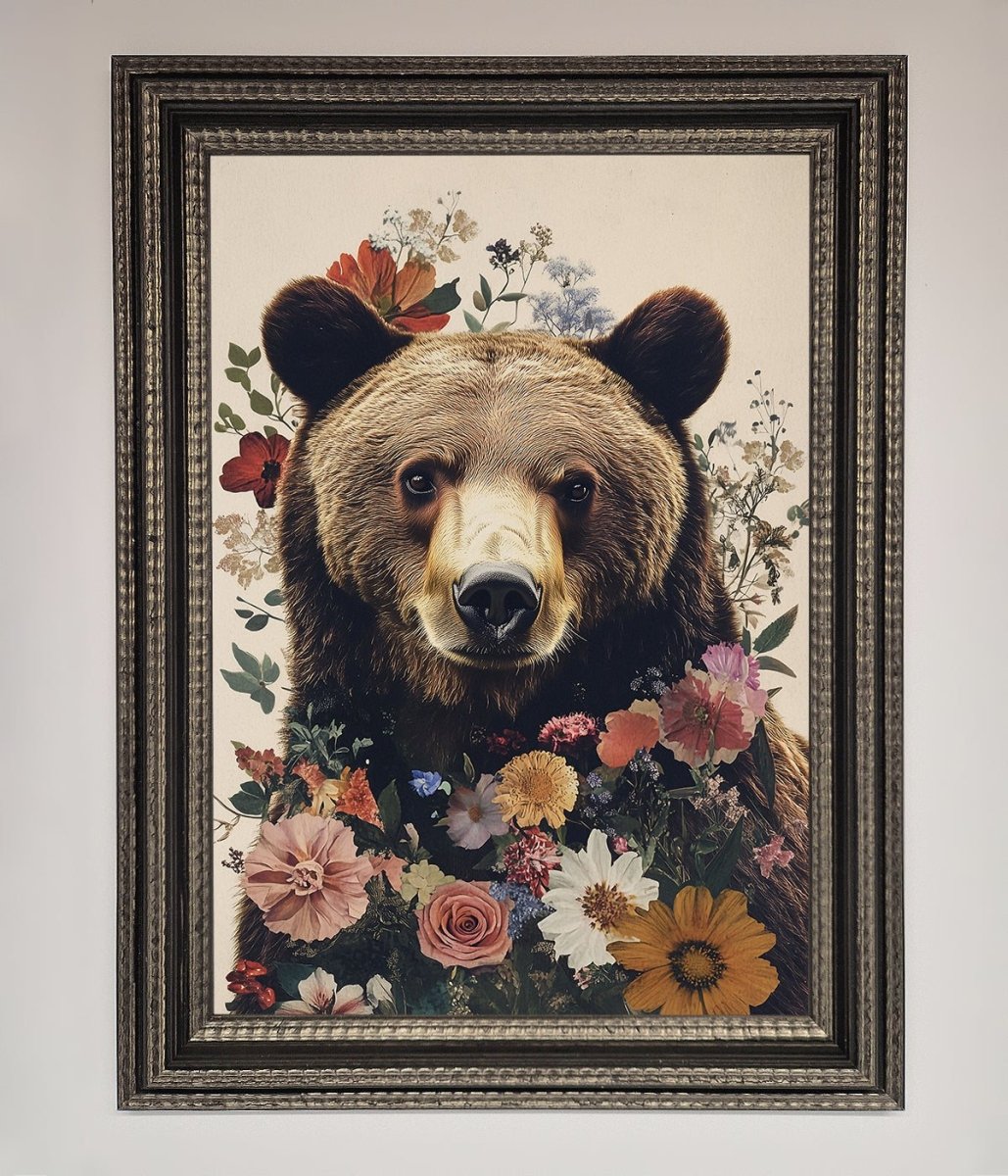 Brown Grizzly Bear Floral Framed Print - Zestio