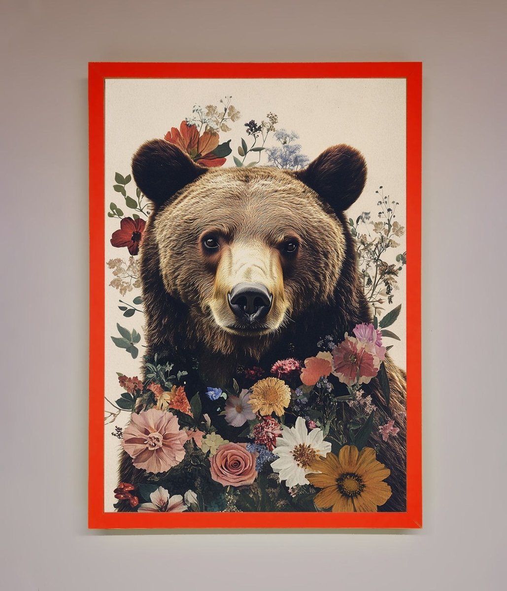 Brown Grizzly Bear Floral Framed Print - Zestio