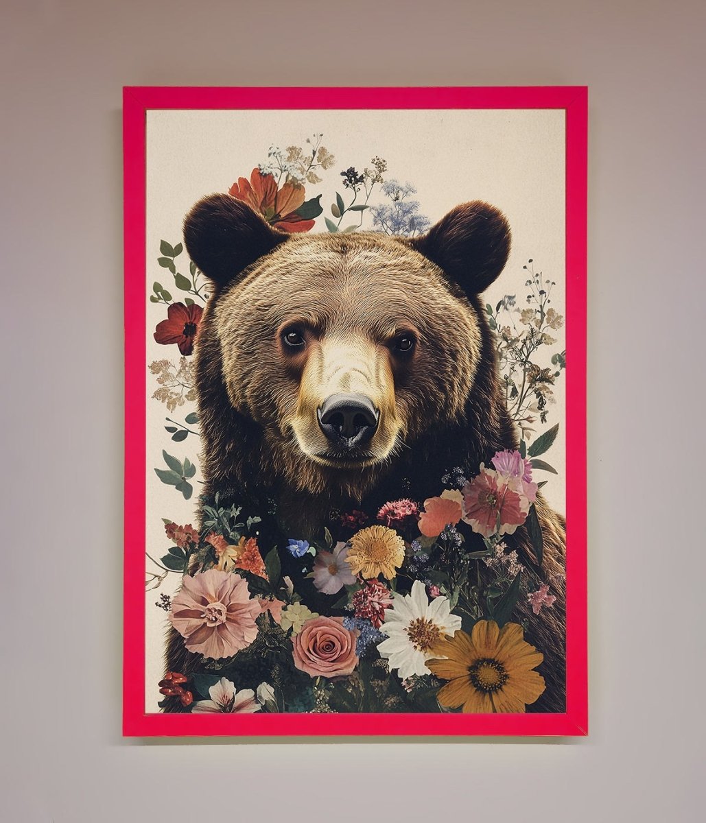 Brown Grizzly Bear Floral Framed Print - Zestio