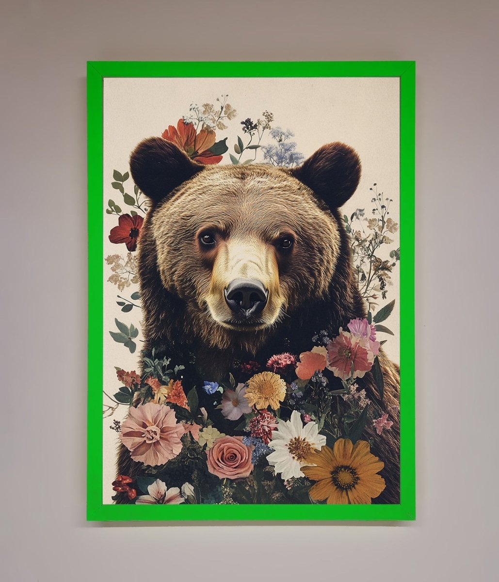 Brown Grizzly Bear Floral Framed Print - Zestio