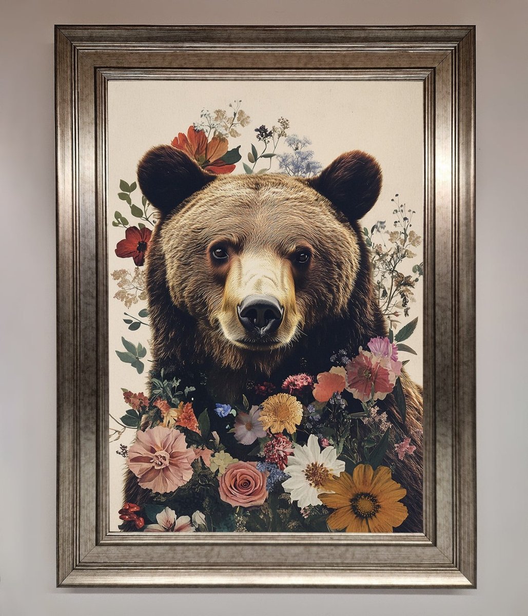 Brown Grizzly Bear Floral Framed Print - Zestio