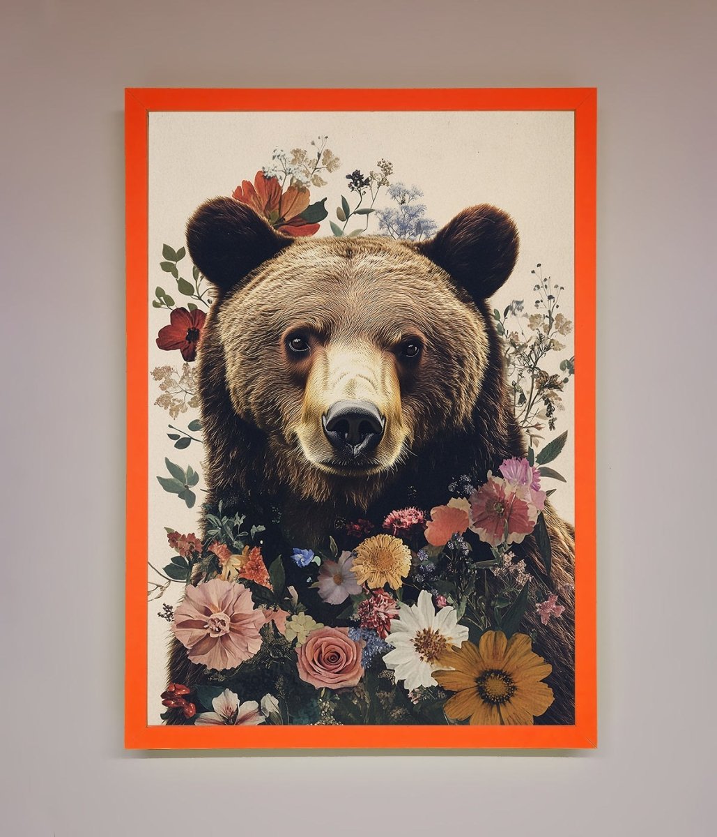 Brown Grizzly Bear Floral Framed Print - Zestio