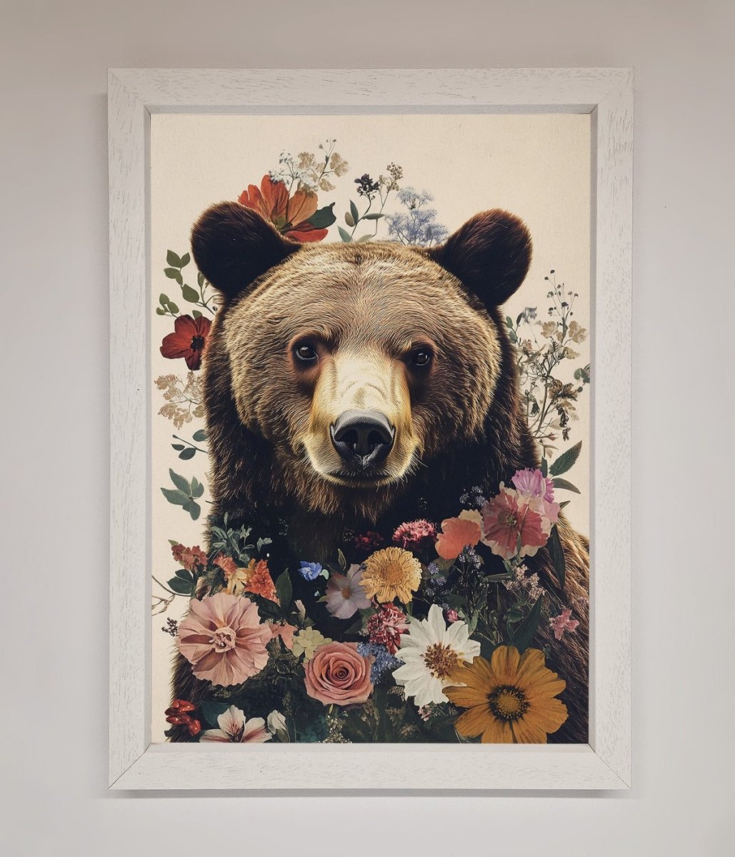 Brown Grizzly Bear Floral Framed Print - Zestio