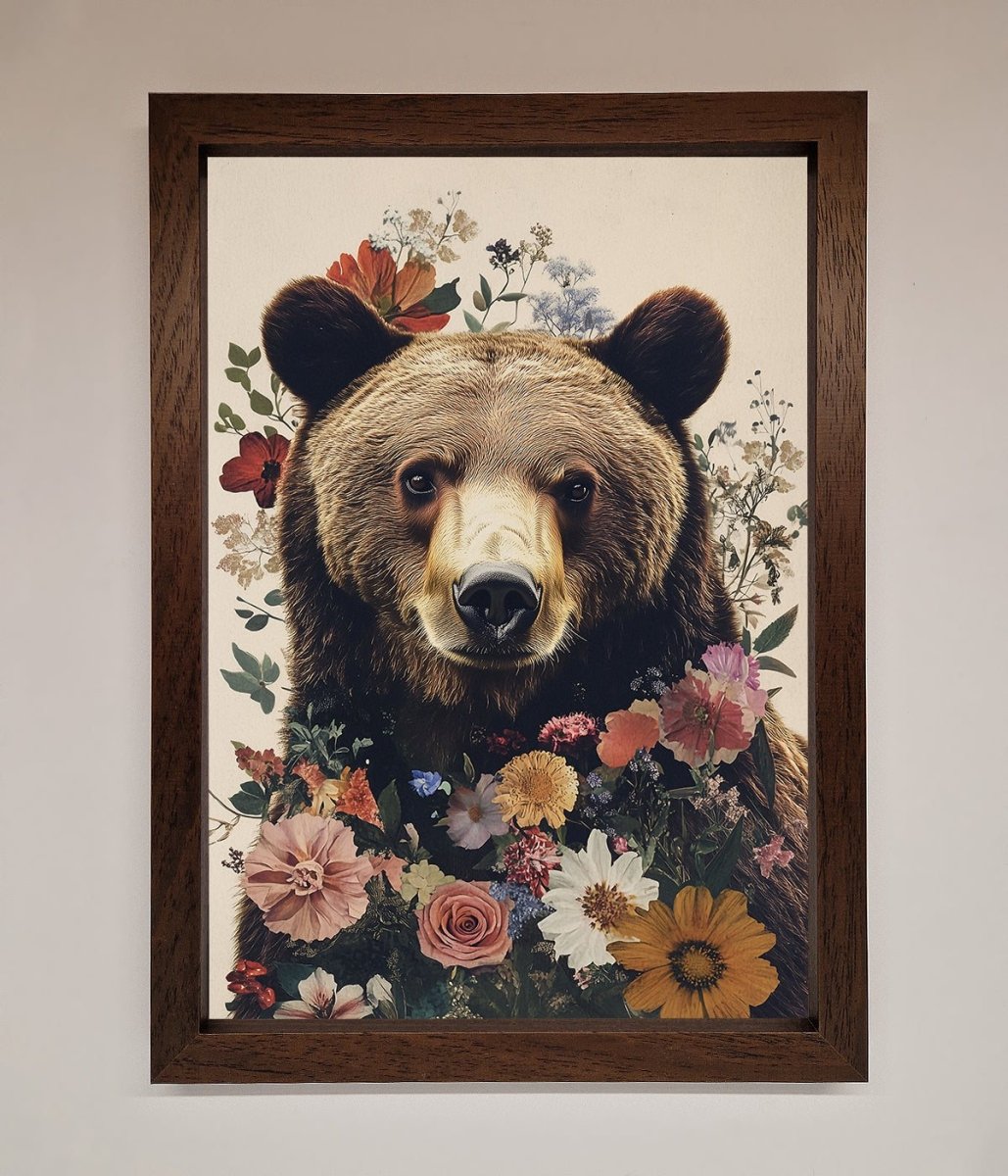 Brown Grizzly Bear Floral Framed Print - Zestio
