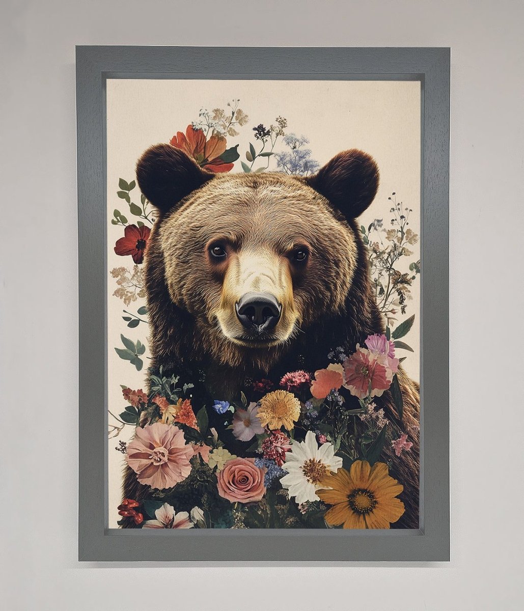 Brown Grizzly Bear Floral Framed Print - Zestio