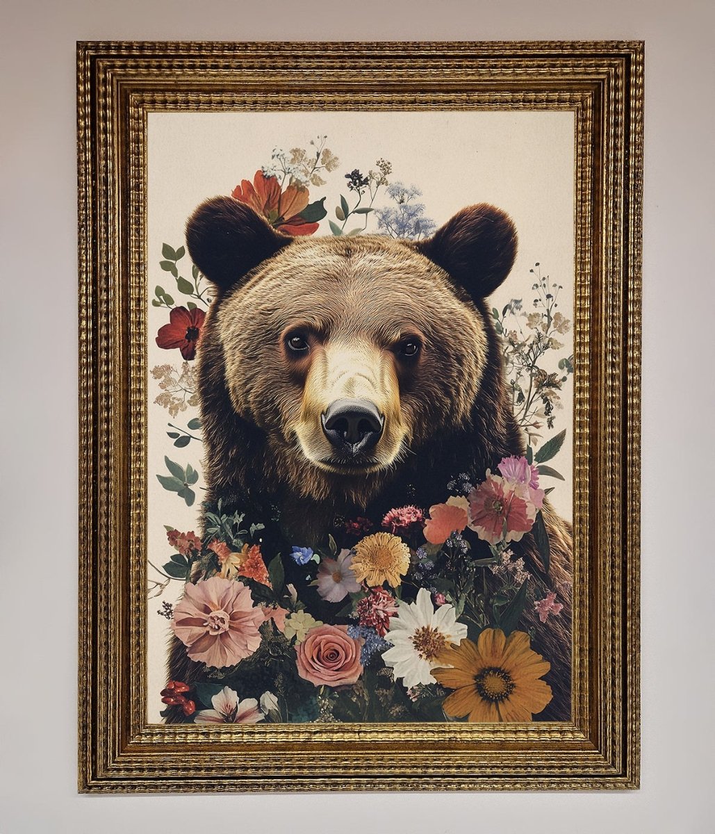 Brown Grizzly Bear Floral Framed Print - Zestio