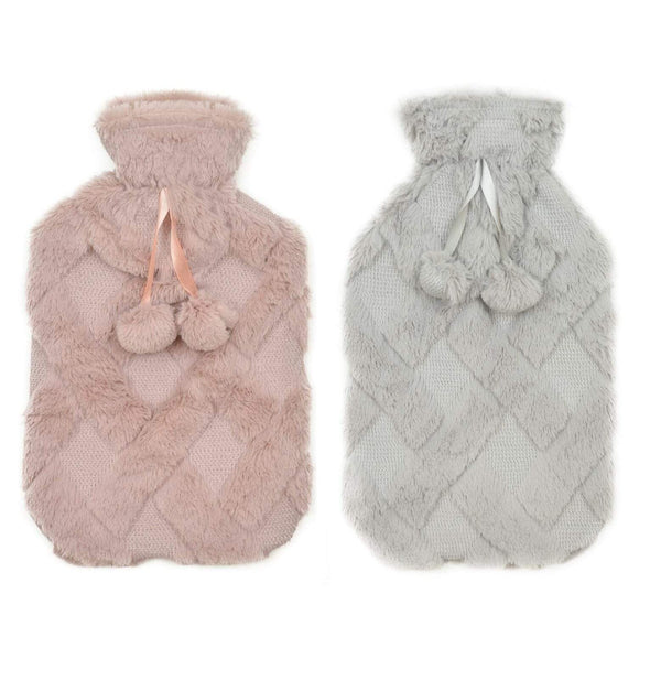 Diamond Fleece Plush Hot Water Bottle 2L with Pom Poms for Ultimate Warmth and Comfort Natural Rubber UK Safe Tested Ideal Gift for Adults Kids by OLIVIA ROCCO
