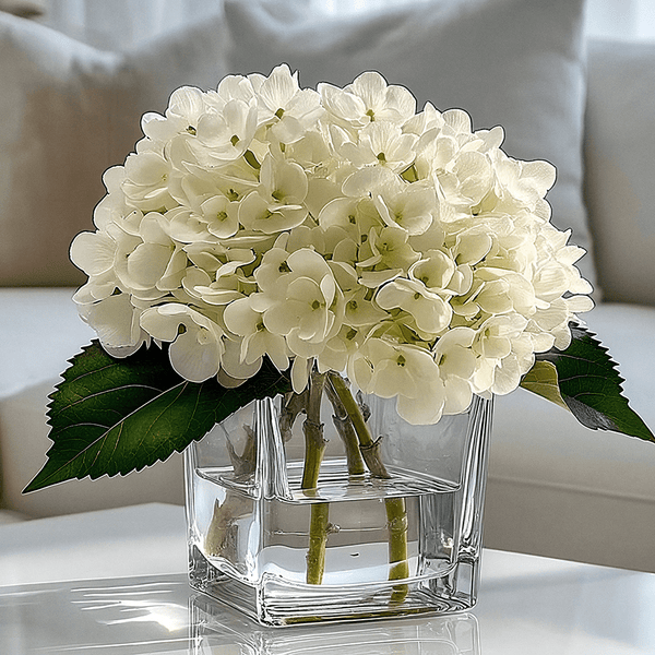 Faux Cream Hydrangeas Floral Arrangement in Square Glass Vase