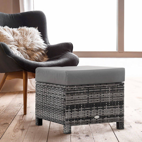 Rattan Footstool Wicker Ottoman with Padded Seat Cushion Outdoor Patio Furniture for Backyard Garden Poolside Living Room 50 x 50 x 35 cm Grey