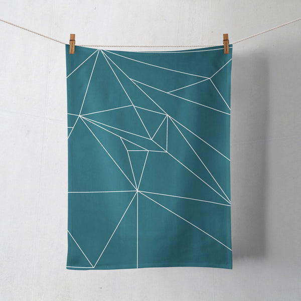 Teal Tea Towel with a White Line Geometric Design, Dish Towel, Kitchen Towel