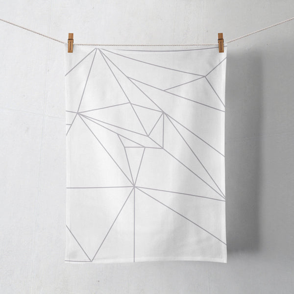 White Tea Towel with a Grey Geometric Line Design, Dish Towel, Kitchen Towel